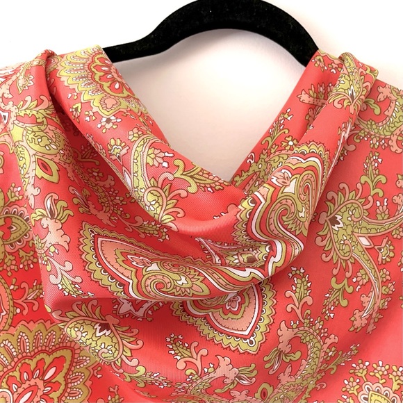Accessories - 100% Silk Salmon Pink/Green Square Small peasant Print Scarf